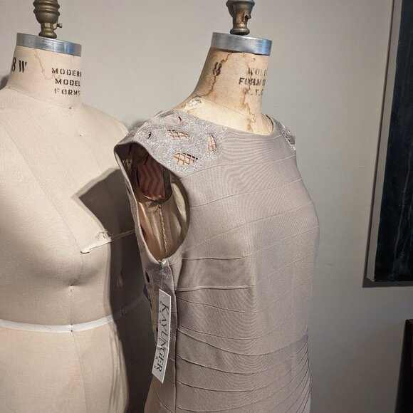 NWT Kay Unger 12 Bandage Stretch Lace Back Long Dress Mother Bride Formal Beige - Picture 3 of 8